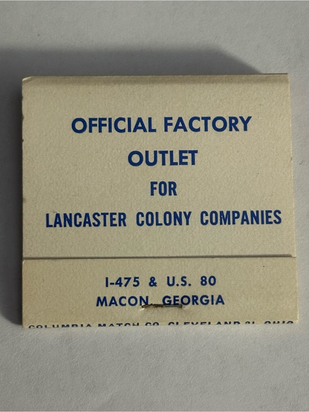 Vintage Matchbook Official Factory Outlet Lancaster Colony Companies Macon GA